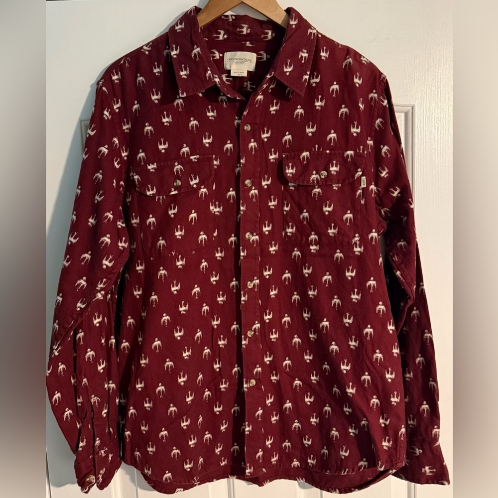 EUC⚡️Obey Propaganda Burgundy Graphic Twill Button Shirt Men M Heavyweight